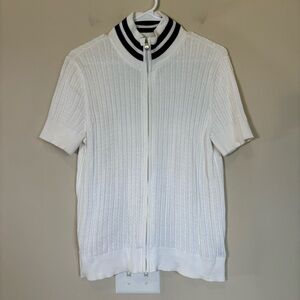 LRL Lauren Ralph‎ Lauren White Short Sleeve Zip-Up Sweater large cotton